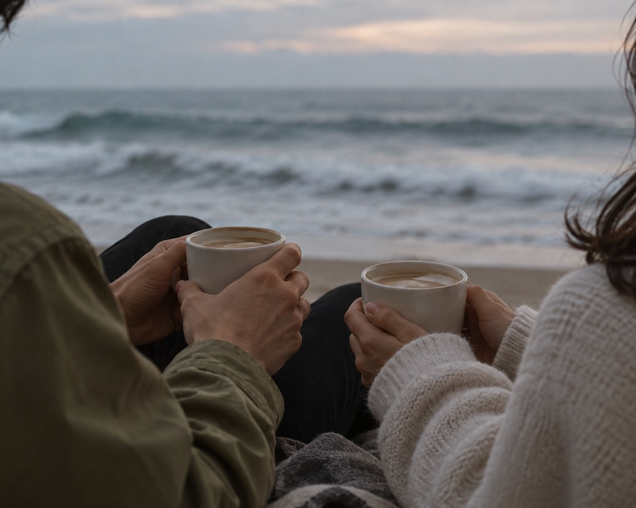 Two people holding warm mugs together on the beach at dusk