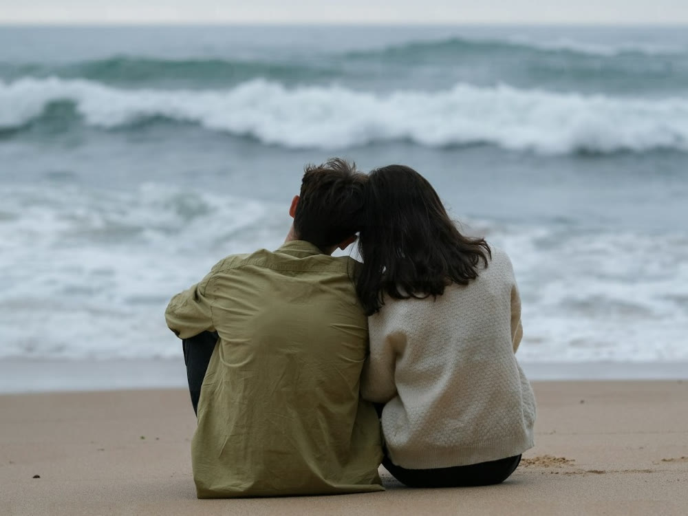 A couple sitting close together on the beach, watching the waves