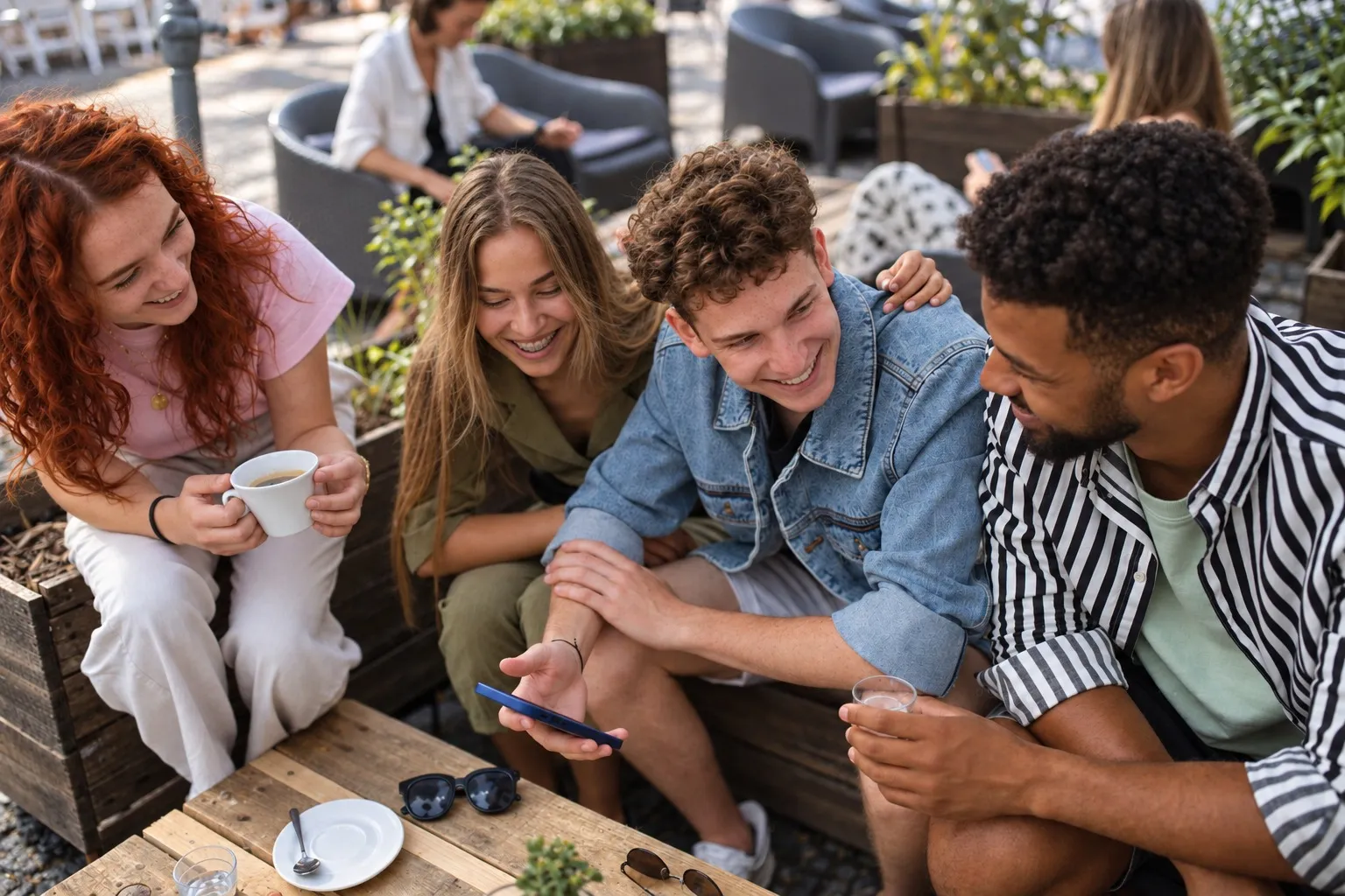 Friends sharing a conversation over coffee outdoors