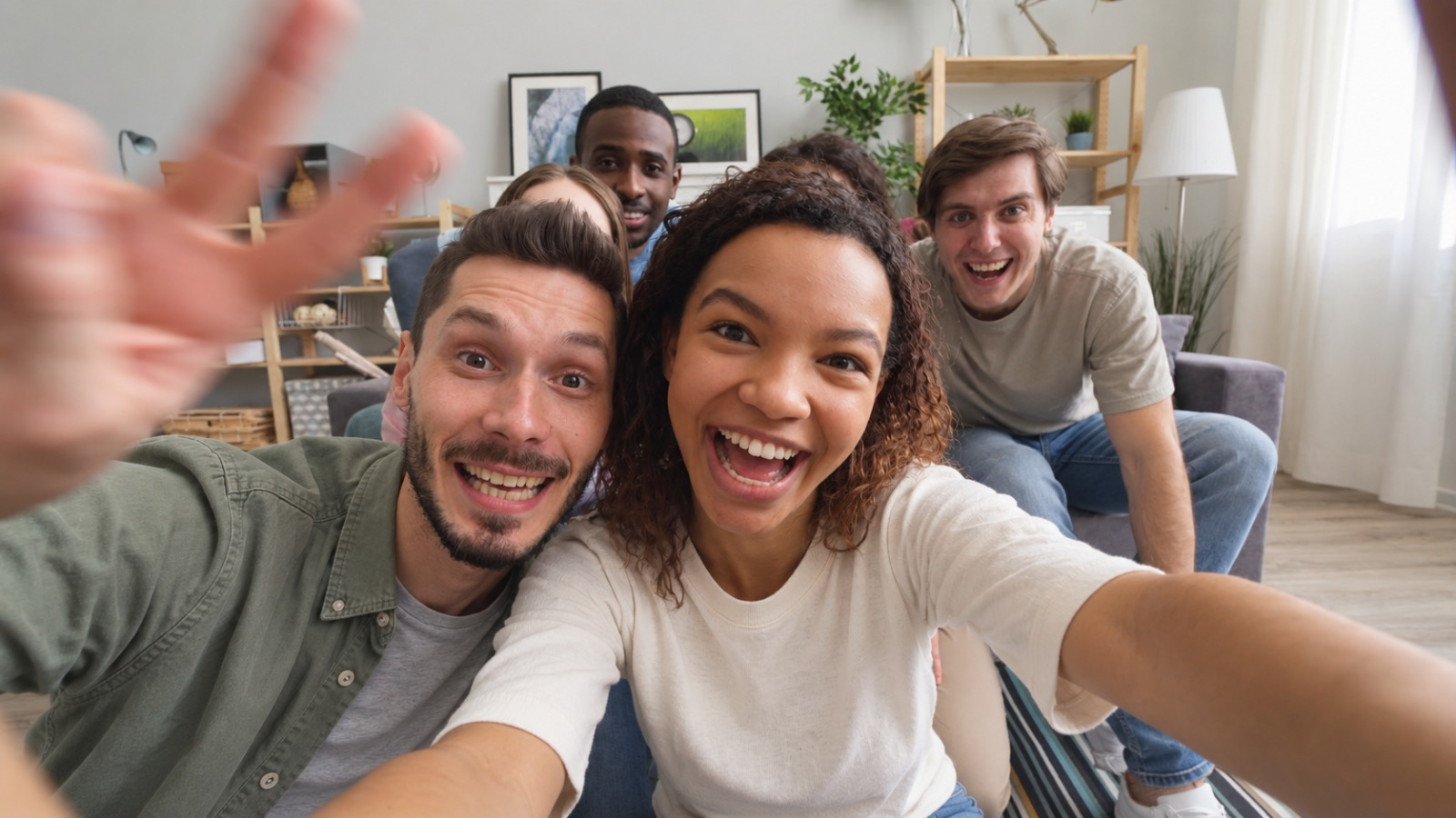 Friends smiling together while taking a selfie at home