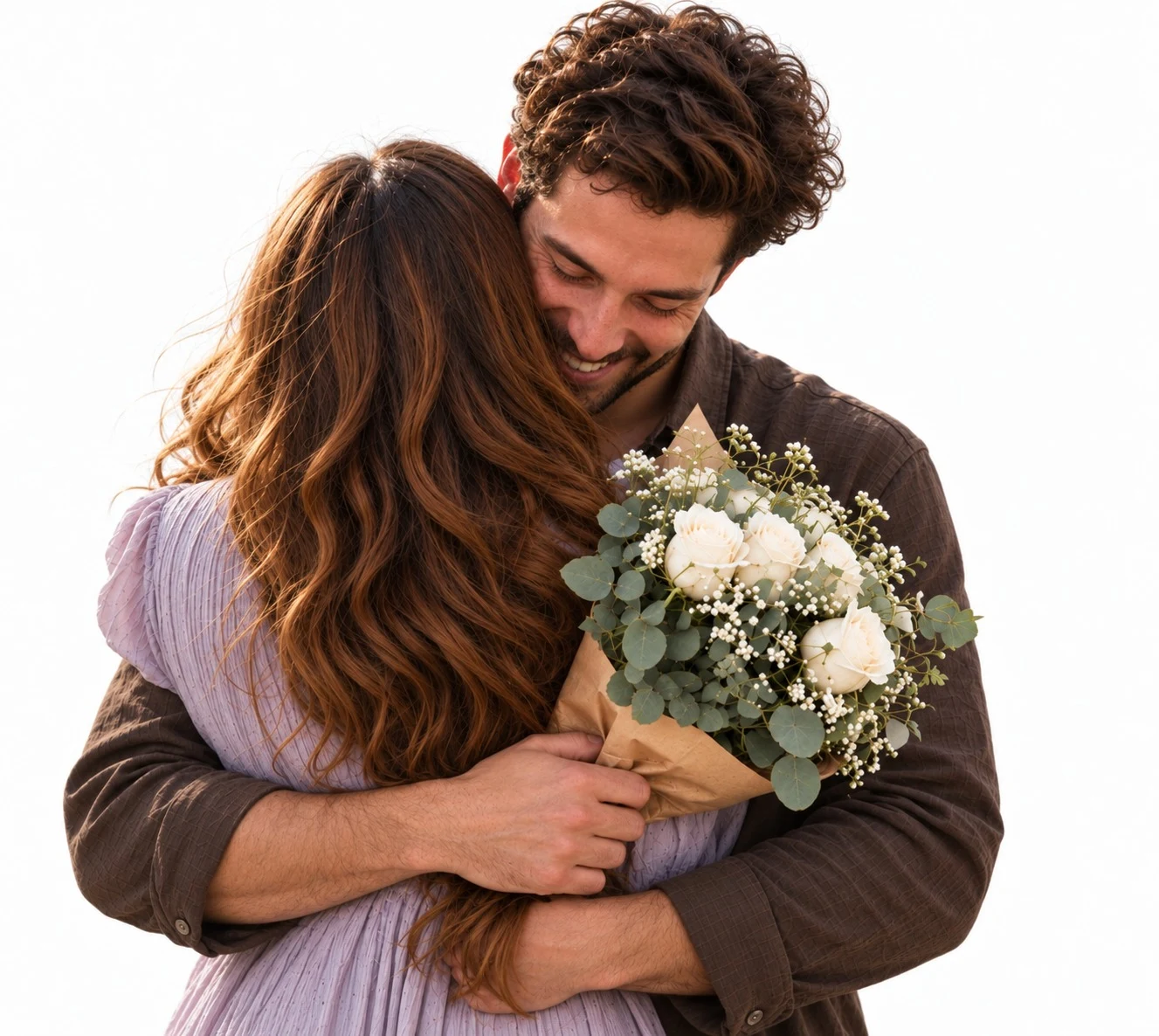 A couple embracing as the man gives her a bouquet of white roses