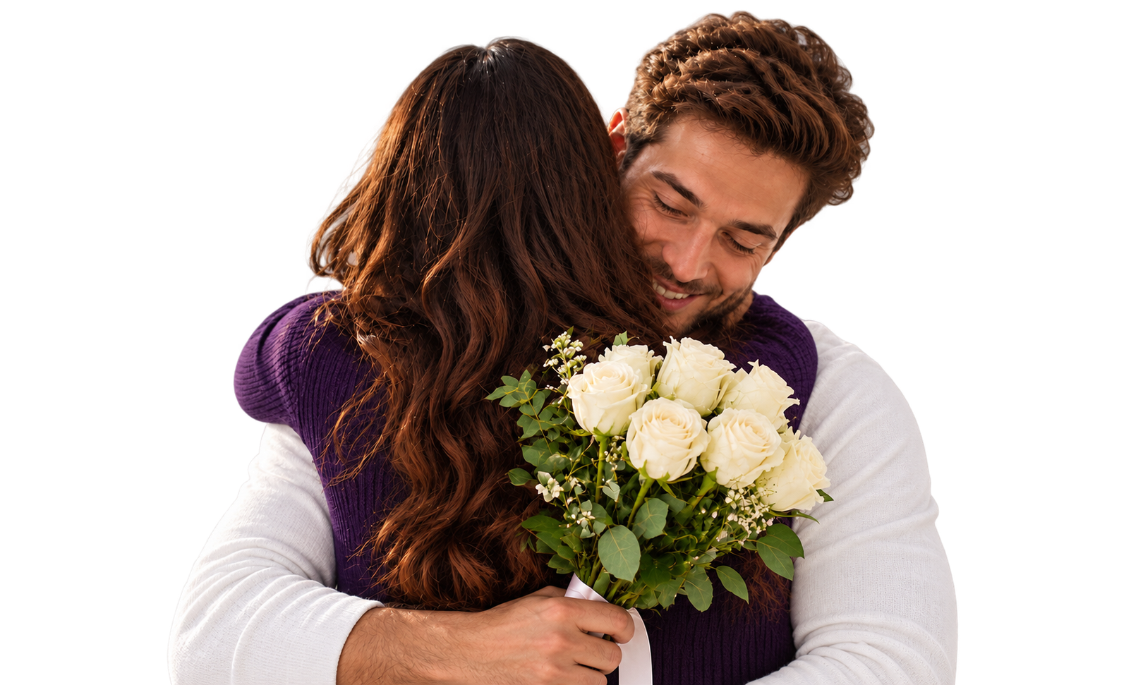 A couple embracing as the man gives her a bouquet of white roses