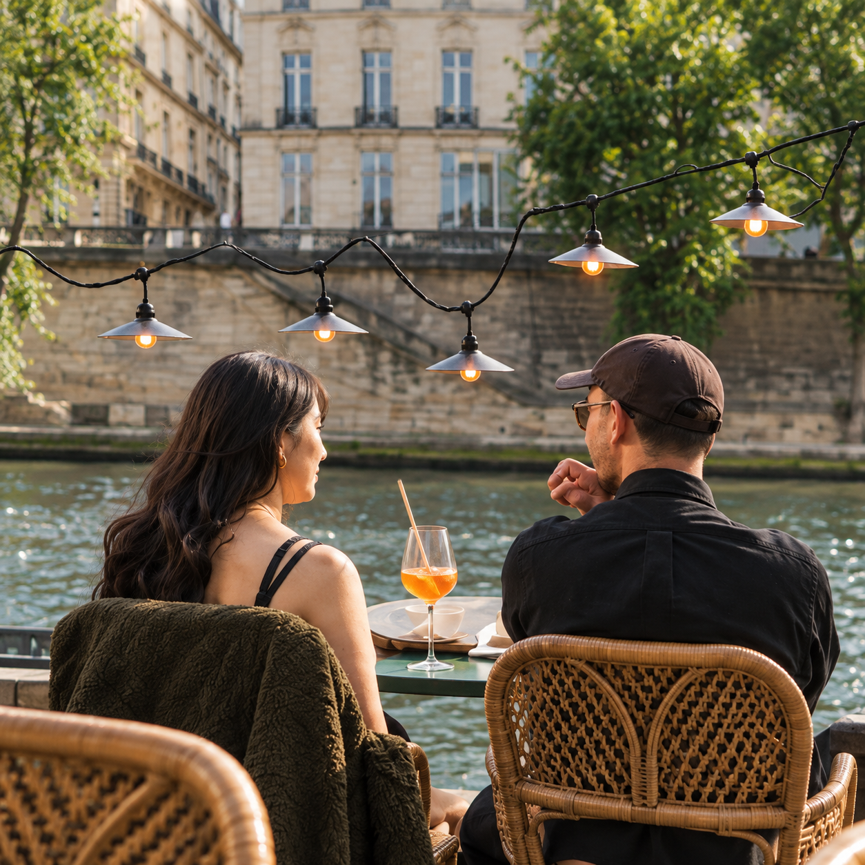 Two people sitting together by a river at an outdoor café