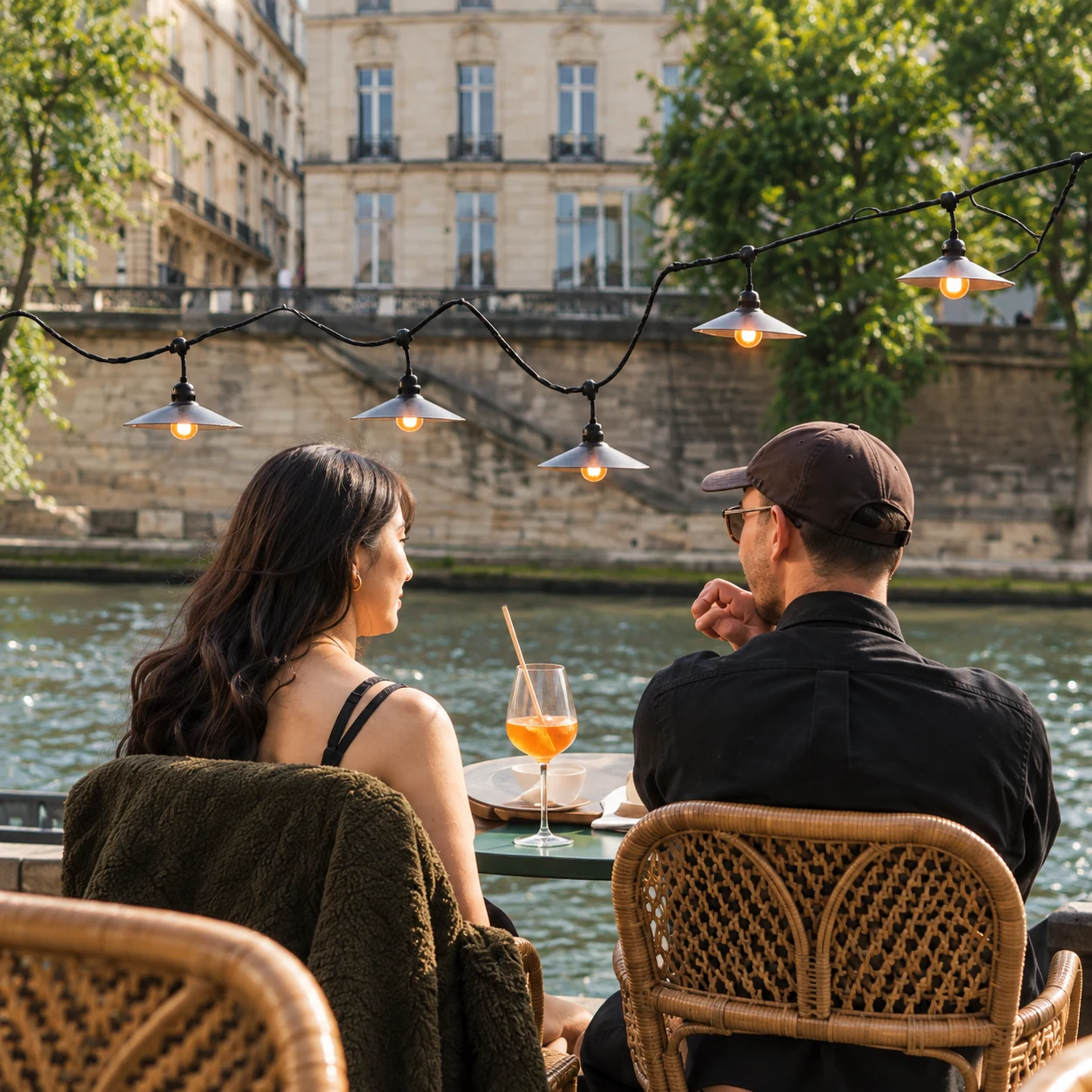 Two people sitting together by a river at an outdoor café